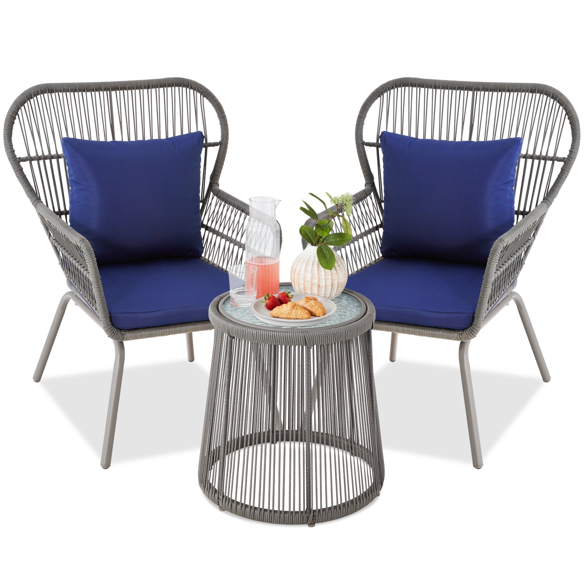 3-Piece Patio Wicker Conversation Bistro Set w/ 2 Chairs, Glass Top Table - Gray/Navy