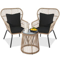 3-Piece Patio Wicker Conversation Bistro Set w/ 2 Chairs, Glass Top Table - Natural/Black