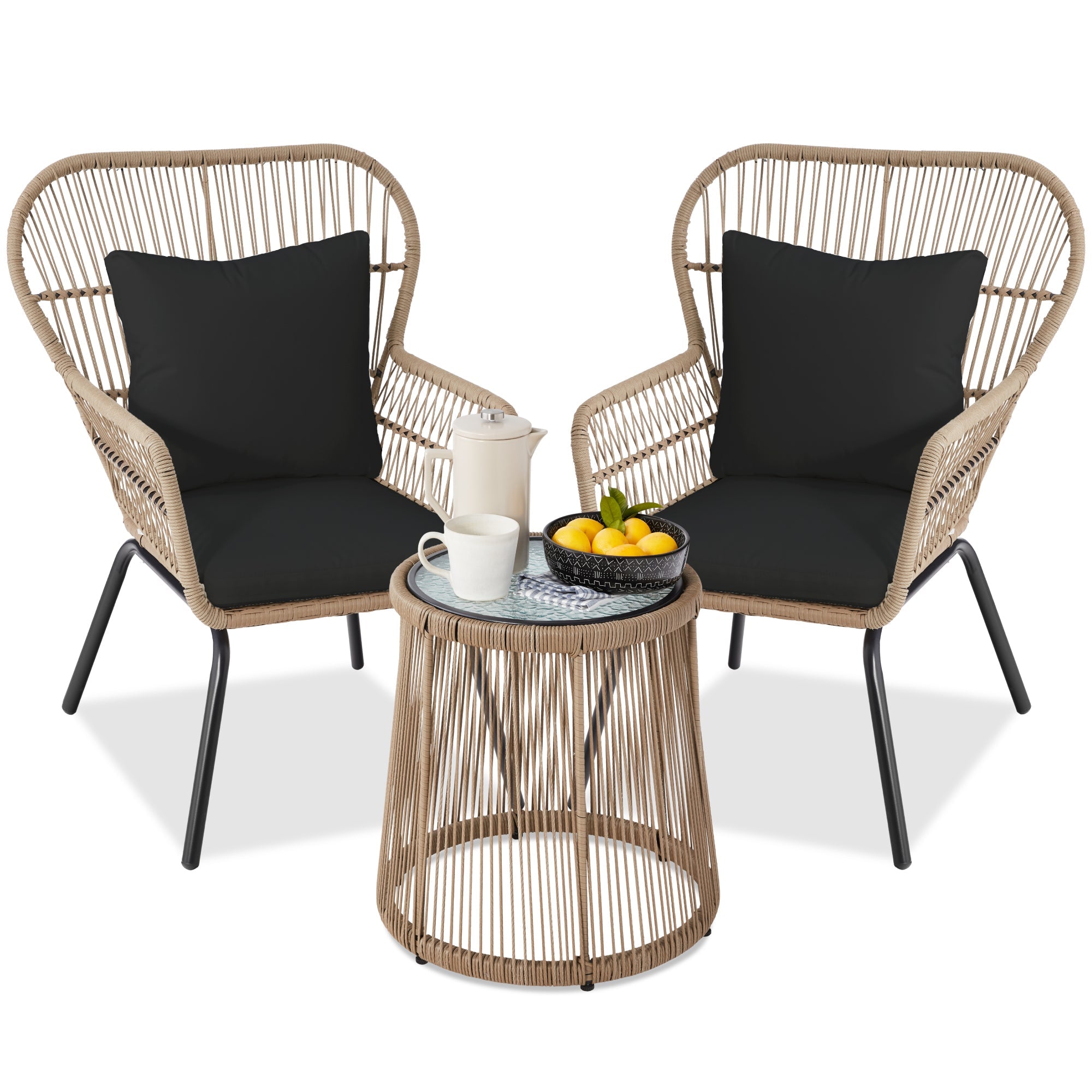 3-Piece Patio Wicker Conversation Bistro Set w/ 2 Chairs, Glass Top Table - Natural/Black