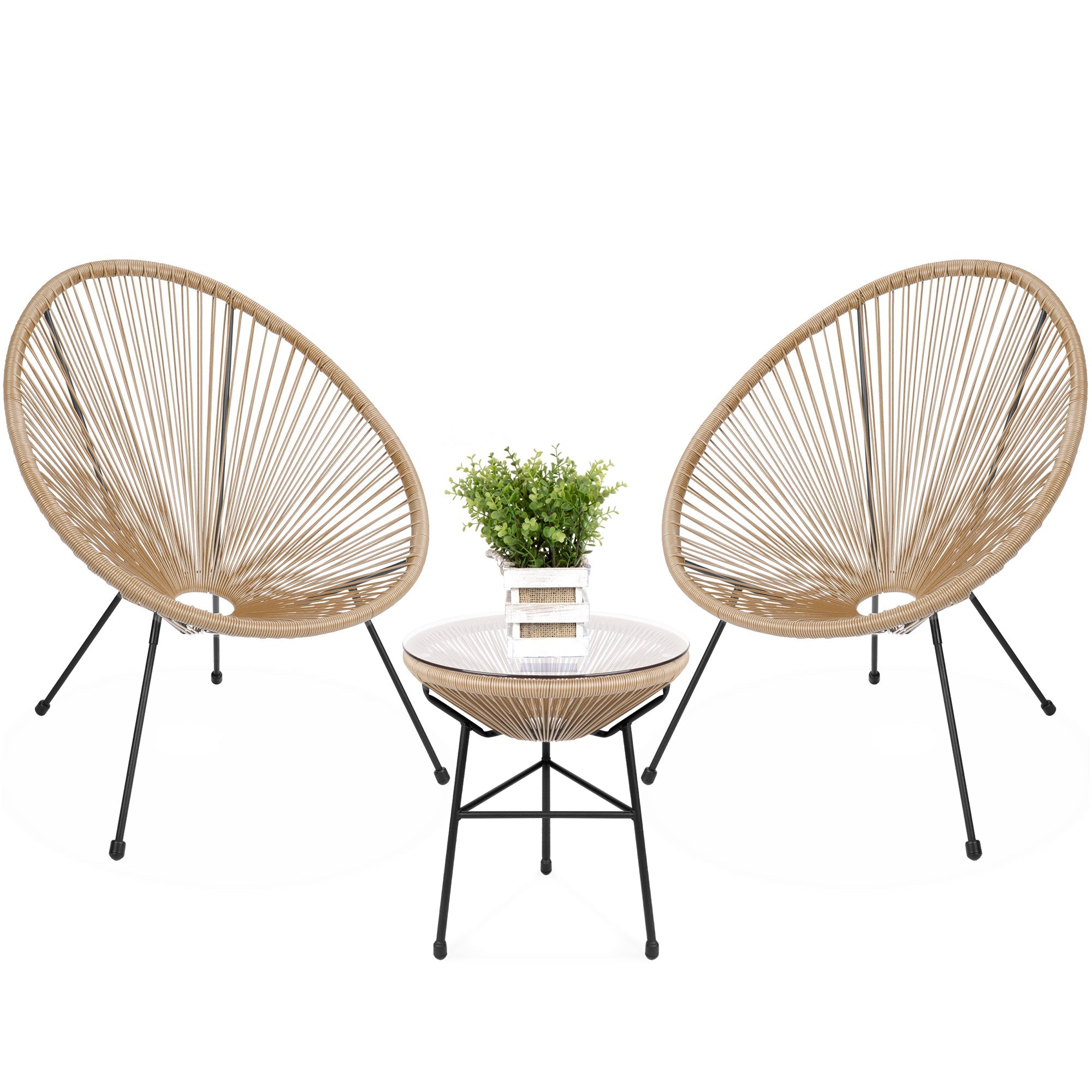 3-Piece All-Weather Patio Acapulco Bistro Set w/ Rope, Glass Top Table - Natural