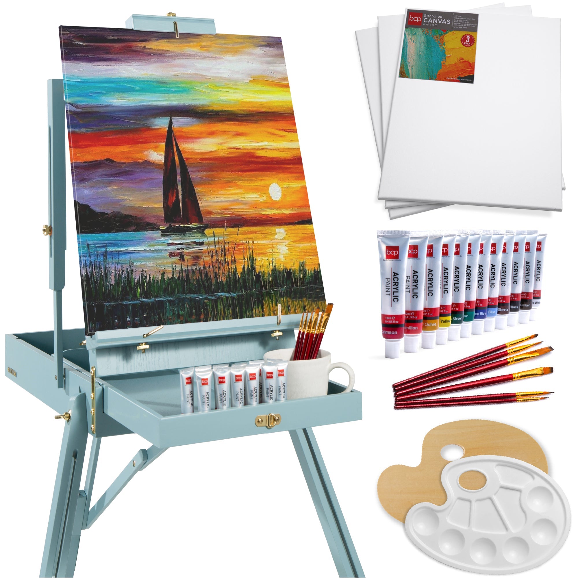 Portable Wooden French Easel w/ 32pc Beginners Kit - Blue