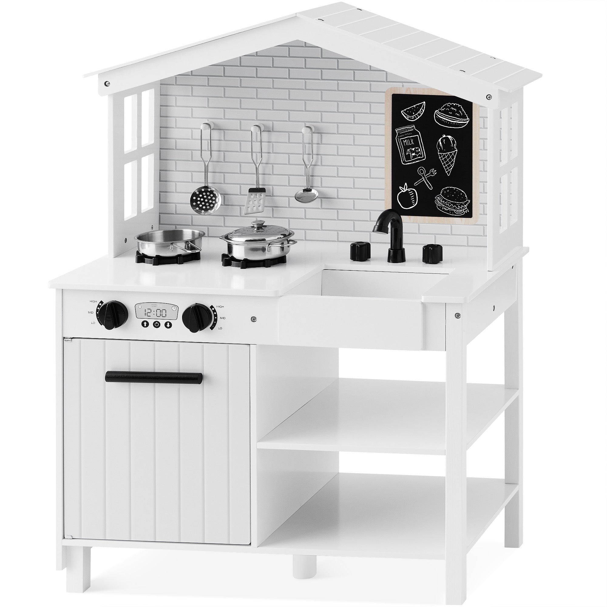 Pretend Play Wooden Farmhouse Kitchen Set w/ Storage, 5 Accessories - White