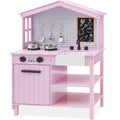 Pretend Play Wooden Farmhouse Kitchen Set w/ Storage, 5 Accessories - Pink