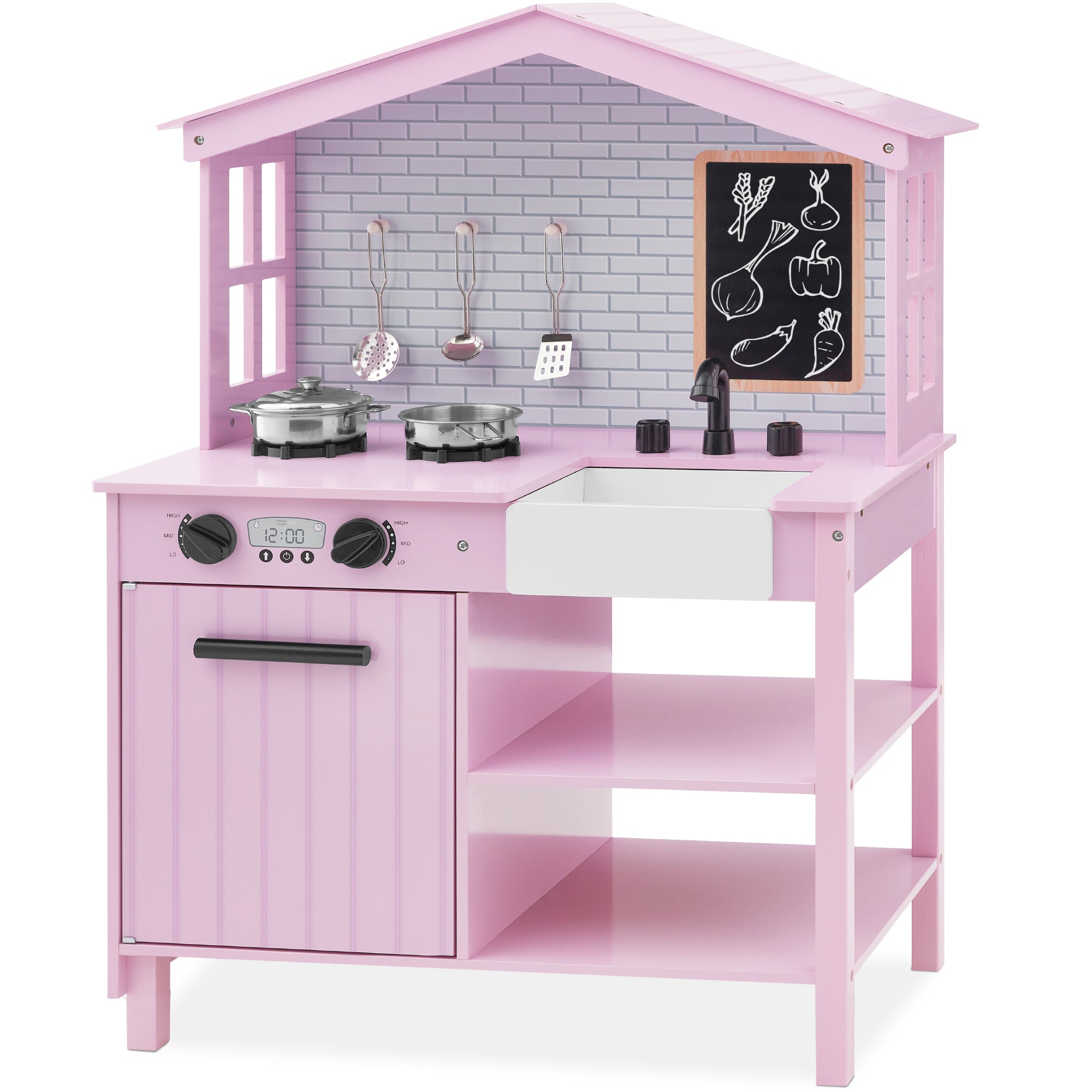 Pretend Play Wooden Farmhouse Kitchen Set w/ Storage, 5 Accessories - Pink