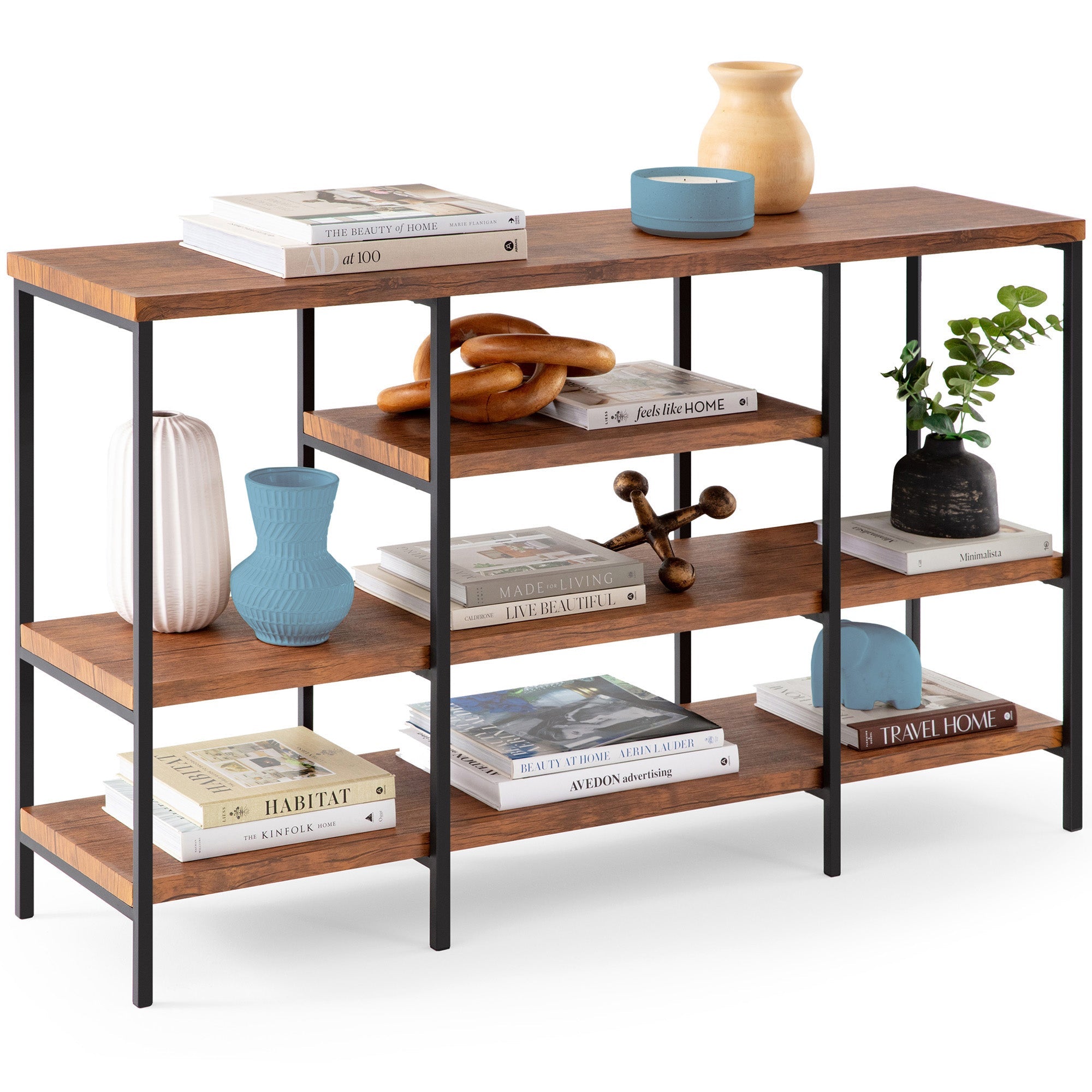 4-Tier Industrial Console Table w/ Tall Shelf Space - 55in - Brown