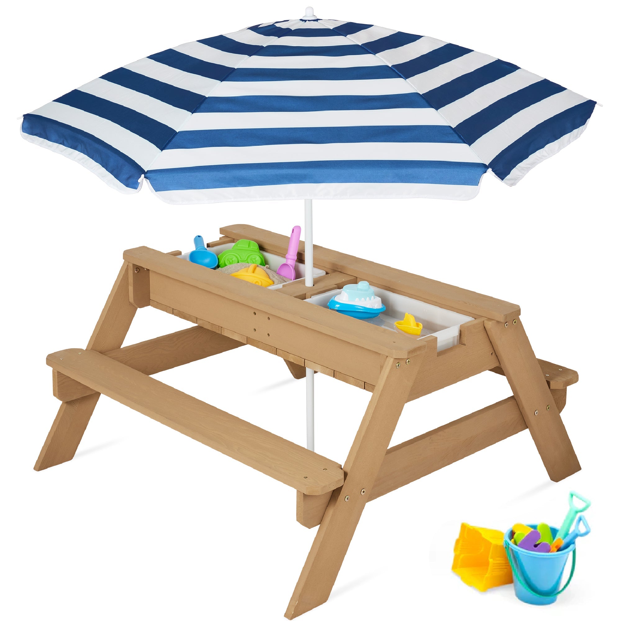 3-in-1 Kids Sand & Water Table Outdoor Wood Picnic Table w/ Umbrella - Navy