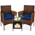 3-Piece Outdoor Patio Wicker Bistro Set w/ Side Storage Table - Brown/Navy