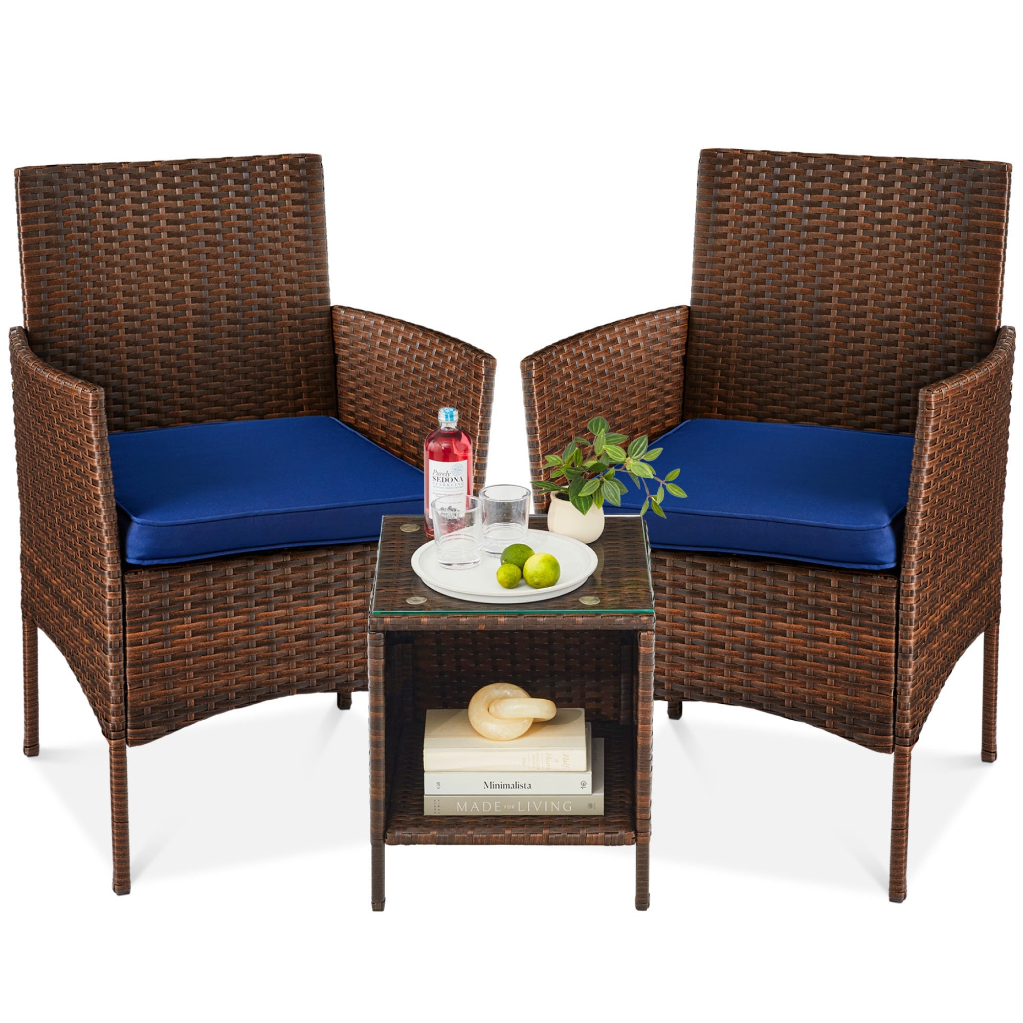 3-Piece Outdoor Patio Wicker Bistro Set w/ Side Storage Table - Brown/Navy