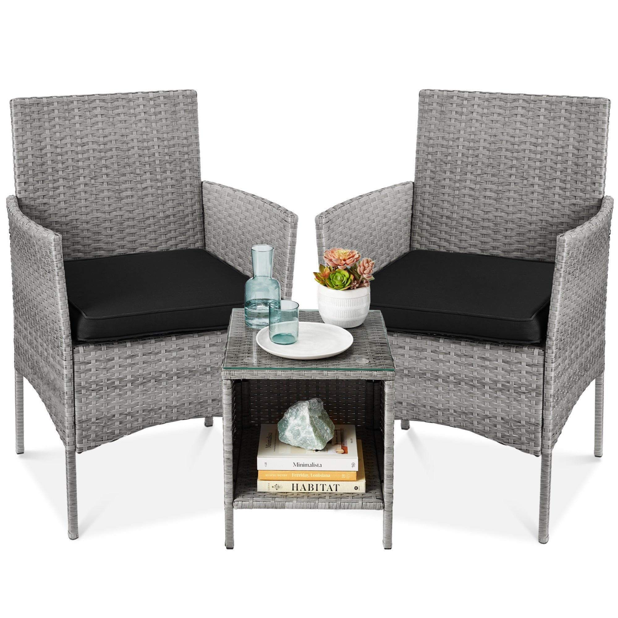 3-Piece Outdoor Patio Wicker Bistro Set w/ Side Storage Table - Gray/Black