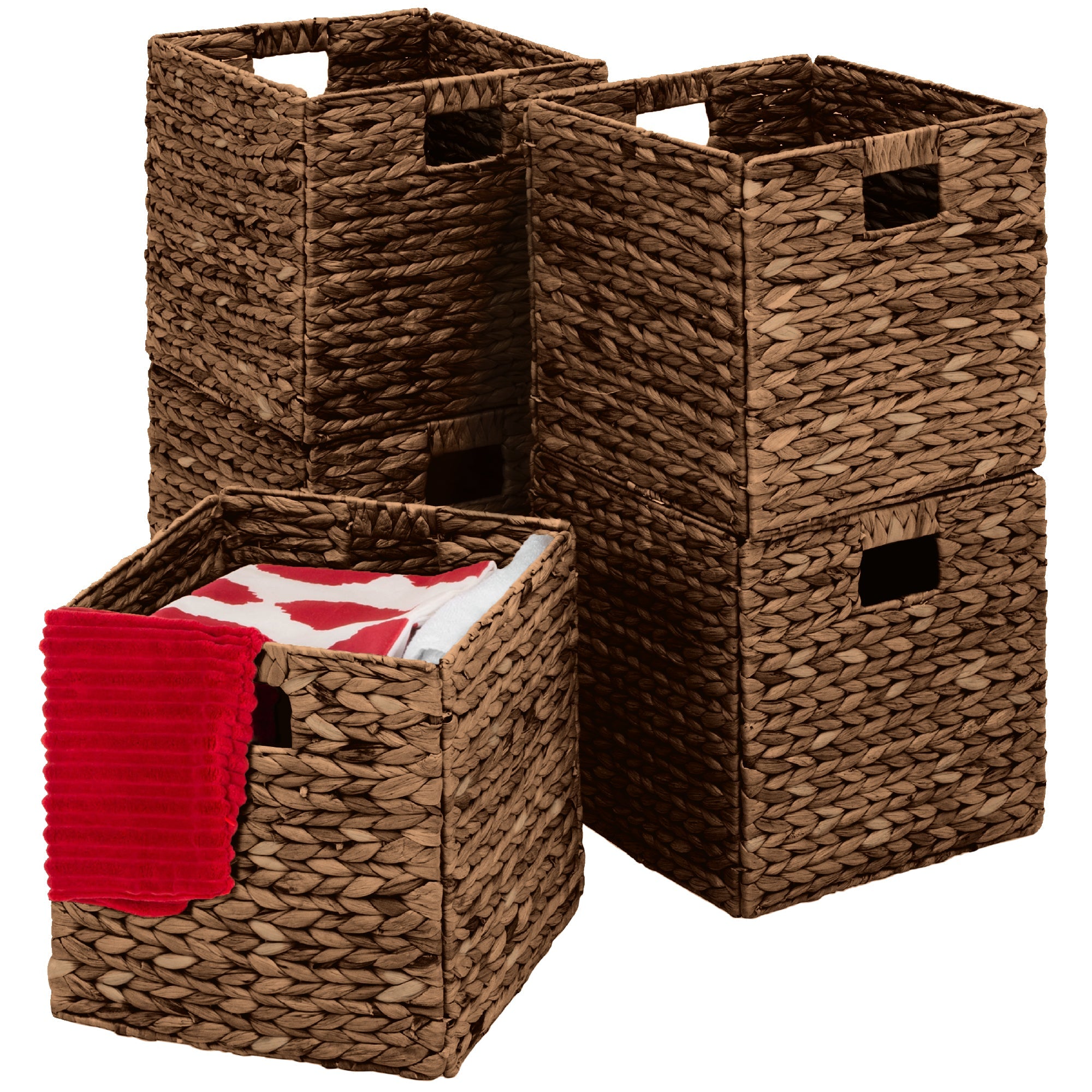 Set of 5 Collapsible Hyacinth Storage Baskets w/ Inserts - 10.5x10.5in - Brown