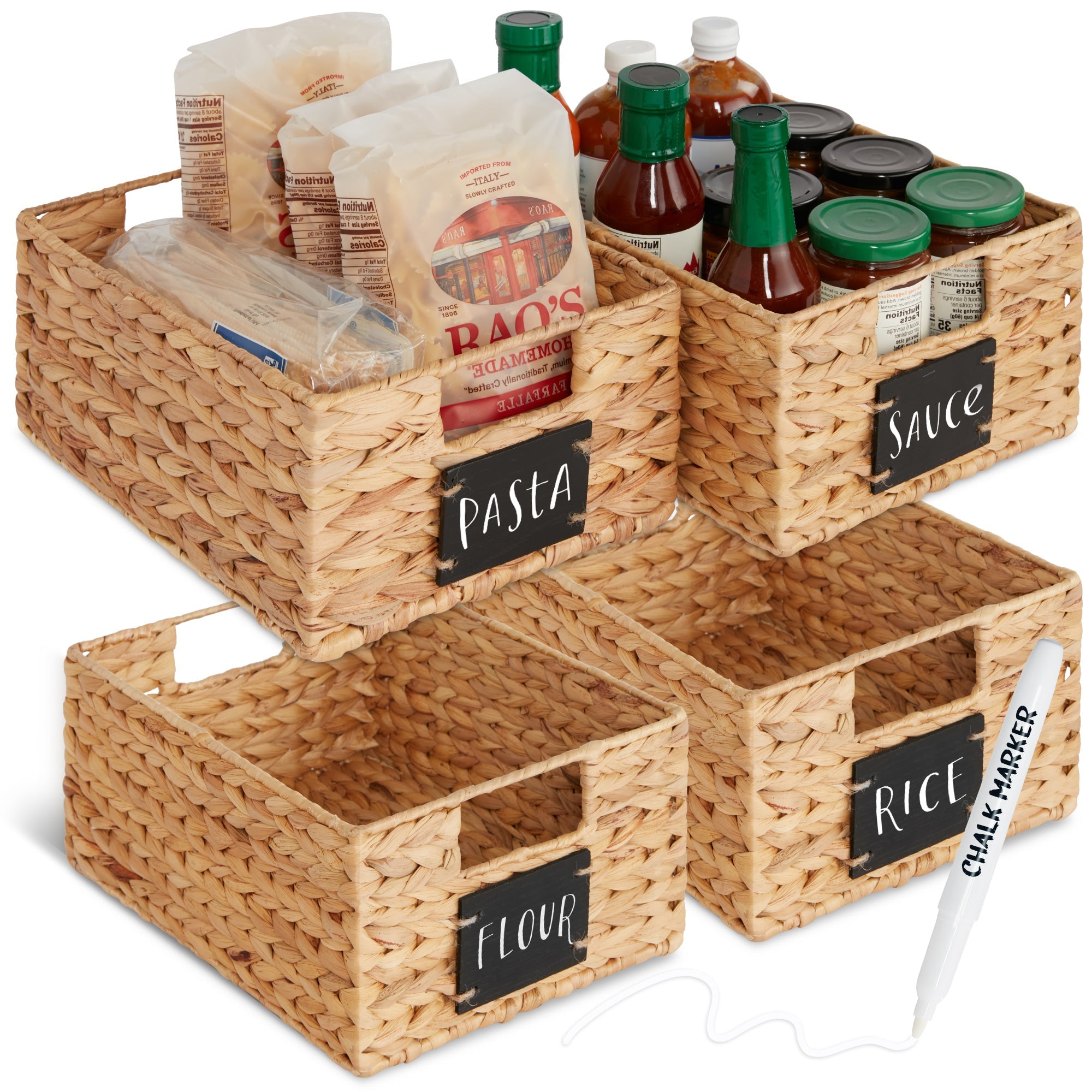 Set of 4 Water Hyacinth Pantry Baskets w/ Chalkboard, Marker - 12in - Natural