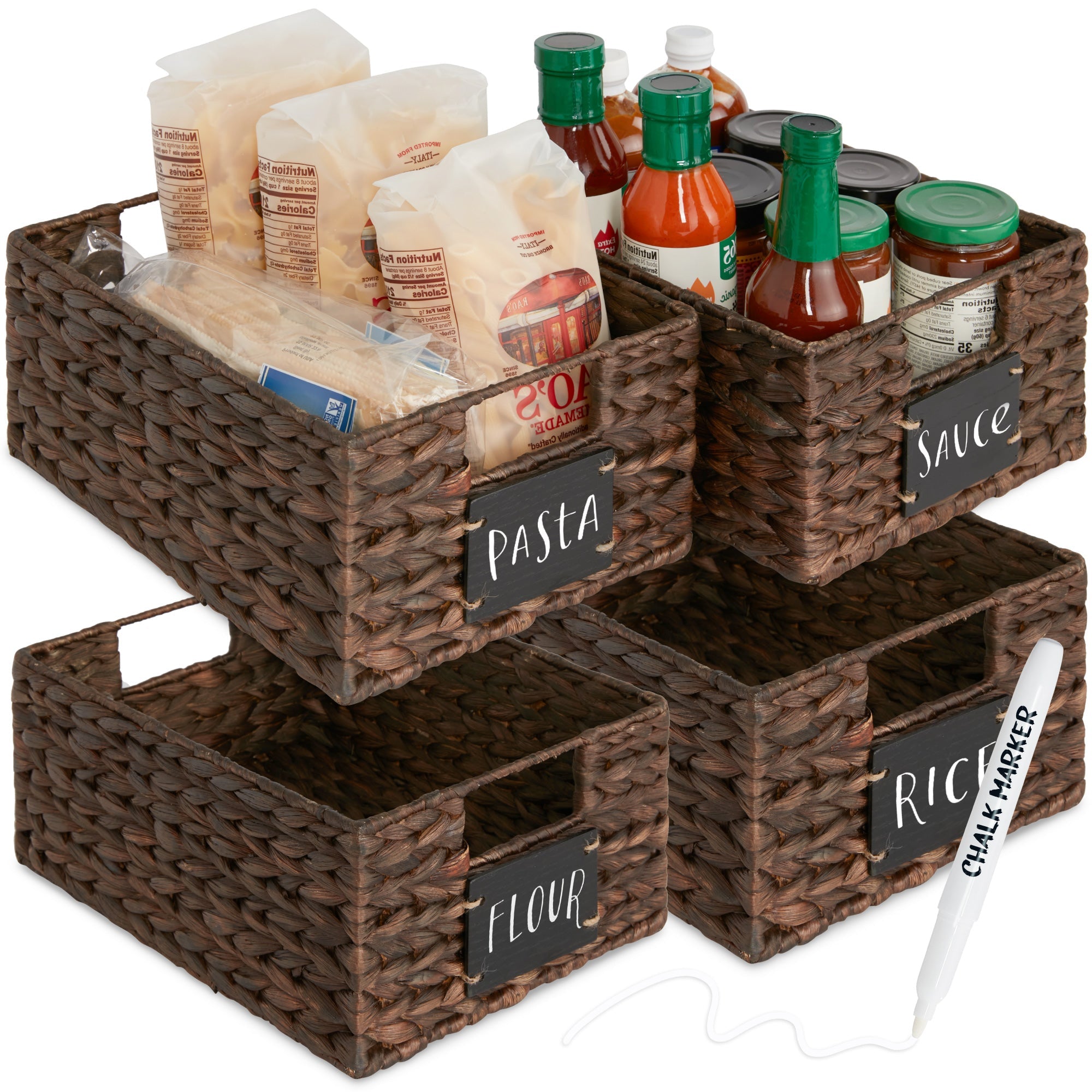 Set of 4 Water Hyacinth Pantry Baskets w/ Chalkboard, Marker - 12in - Brown