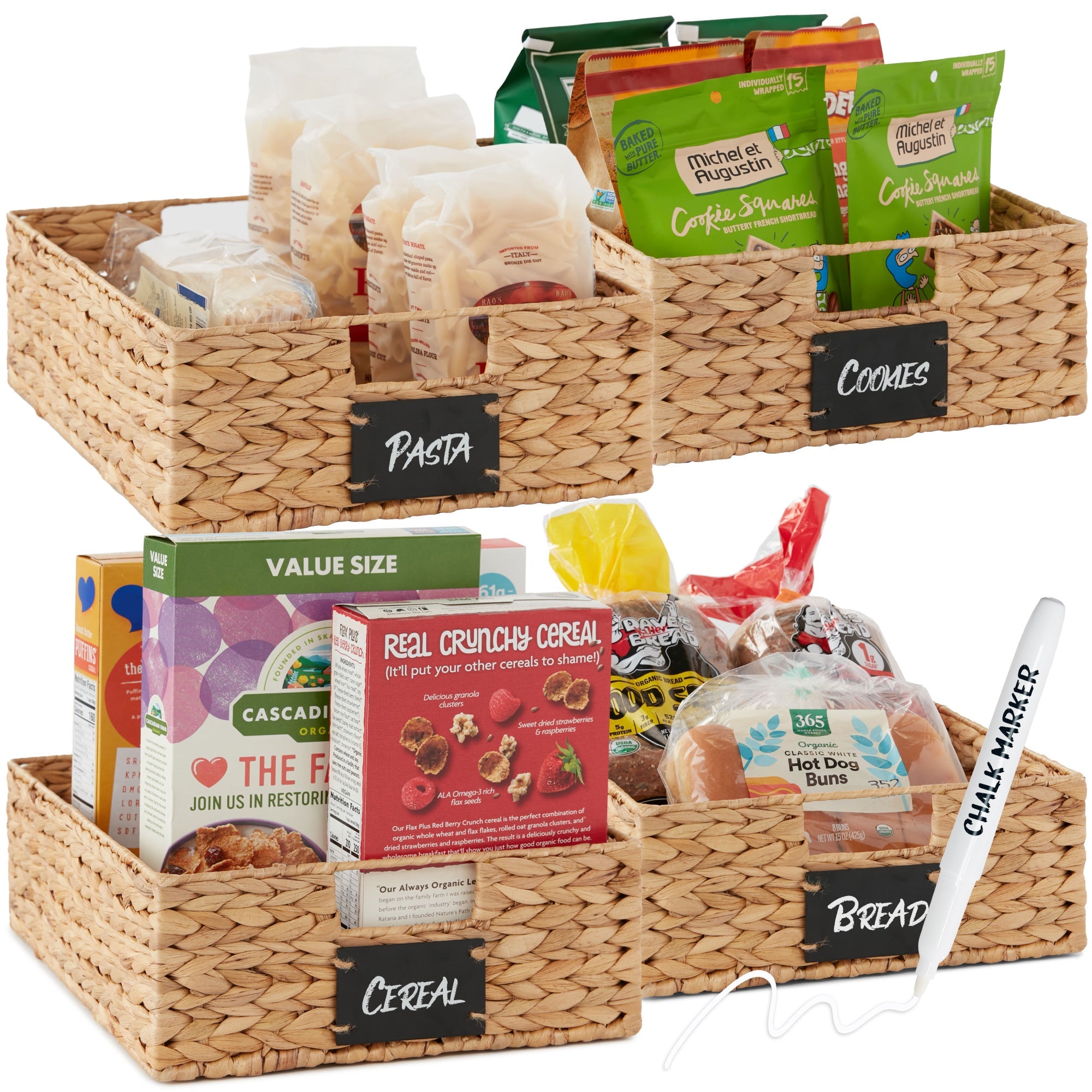 Set of 4 Water Hyacinth Pantry Baskets w/ Chalkboard, Chalk Marker - Natural