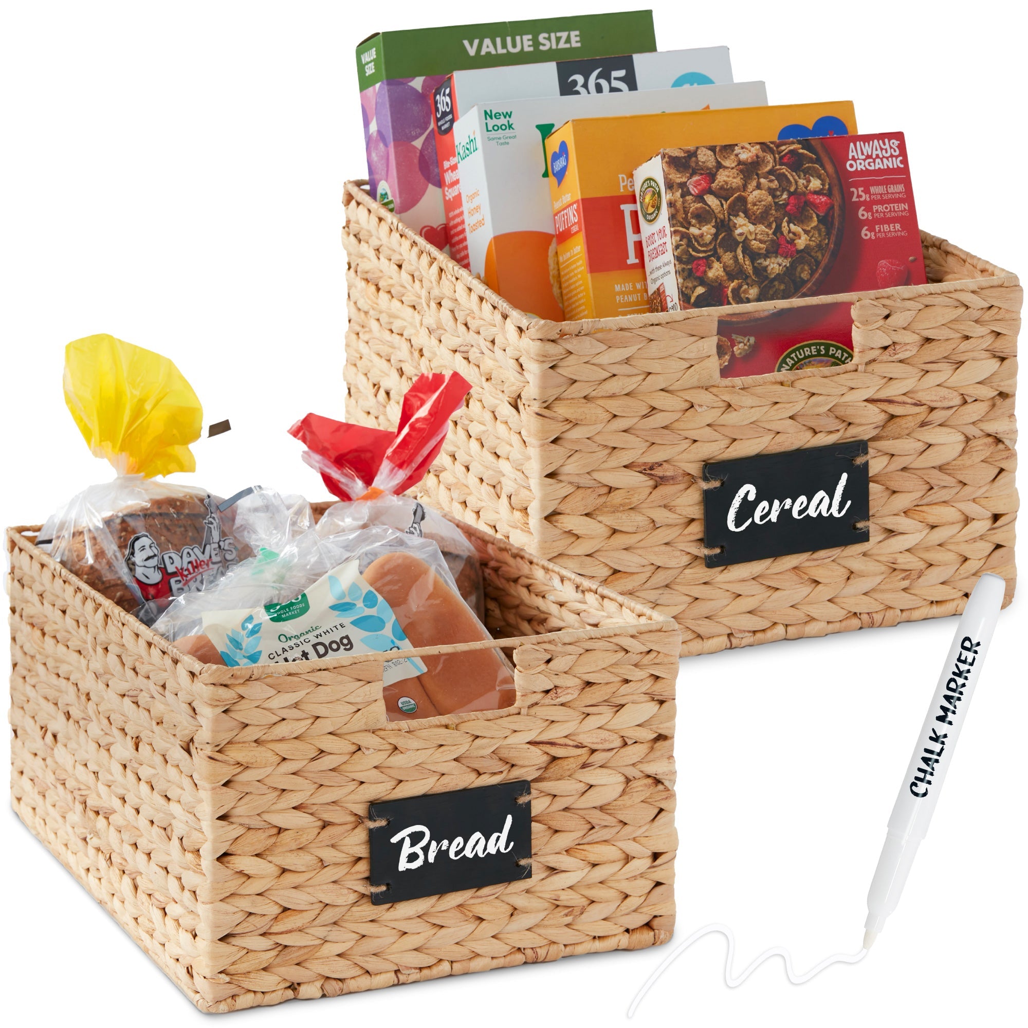 Set of 2 Water Hyacinth Pantry Baskets w/ Chalkboard, Marker - 16in - Natural