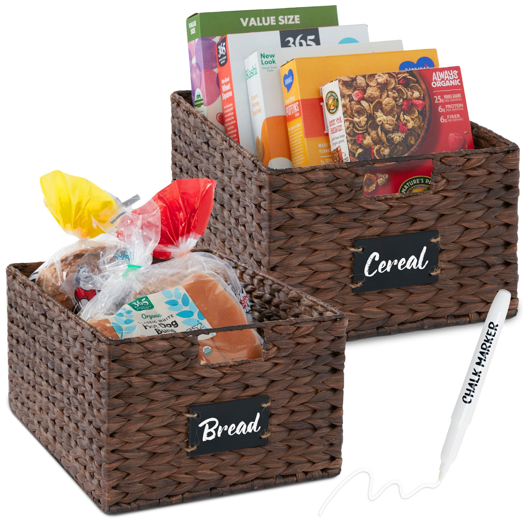 Set of 2 Water Hyacinth Pantry Baskets w/ Chalkboard, Marker - 16in - Brown