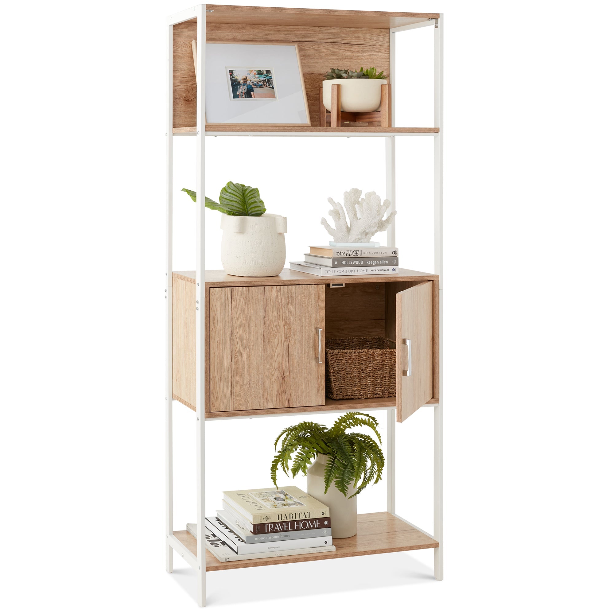 Storage Bookshelf for Living Room, Walkway w/ Cabinet, Elevated Design - Light Oak
