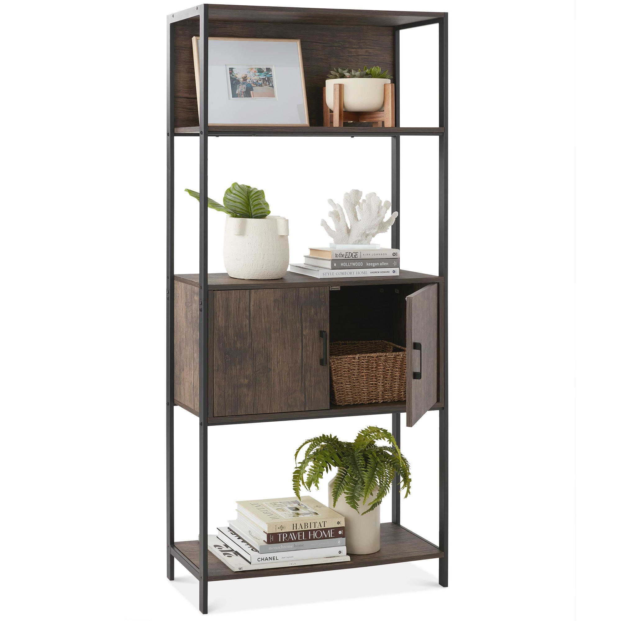Storage Bookshelf for Living Room, Walkway w/ Cabinet, Elevated Design - Dark Walnut