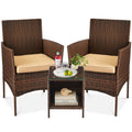 3-Piece Outdoor Patio Wicker Bistro Set w/ Side Storage Table - Brown/Tan