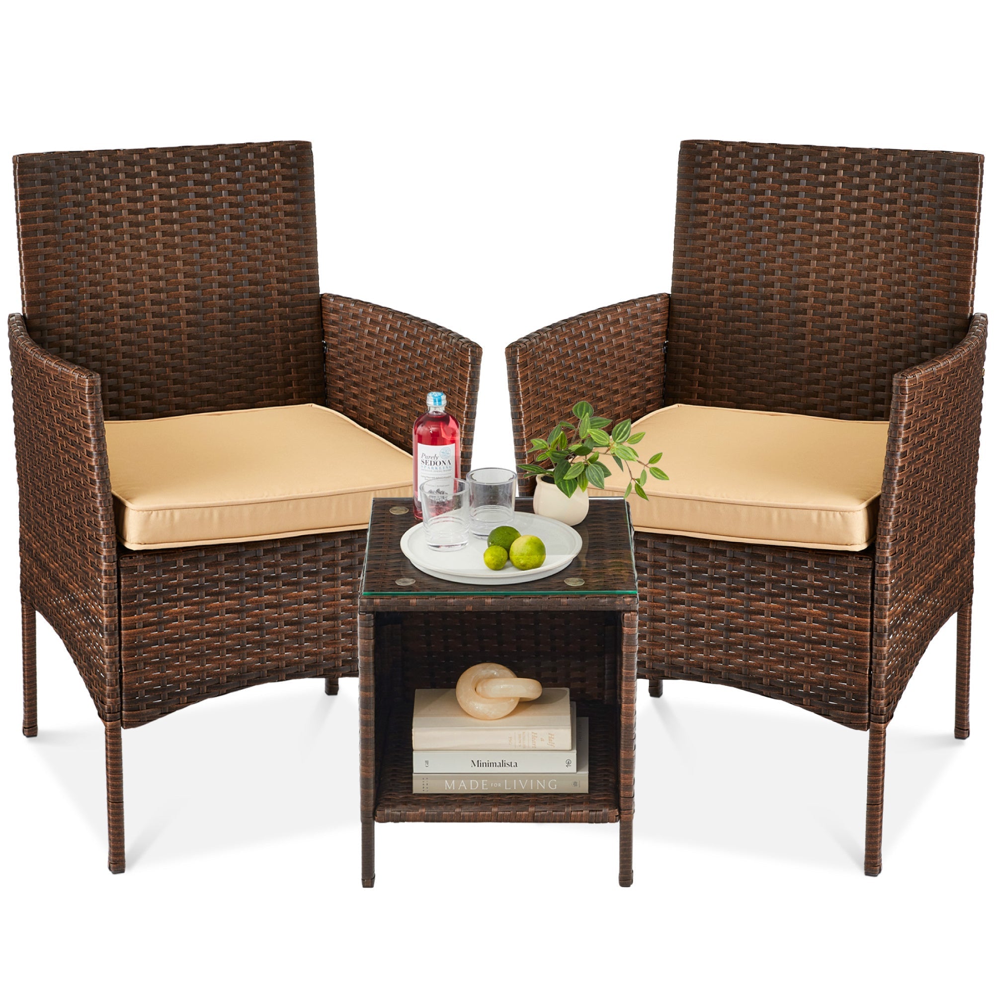 3-Piece Outdoor Patio Wicker Bistro Set w/ Side Storage Table - Brown/Tan