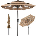 3-Tier Solar Patio Umbrella w/ LED Lights, Tilt Adjustment, Crank - 10ft - Tan