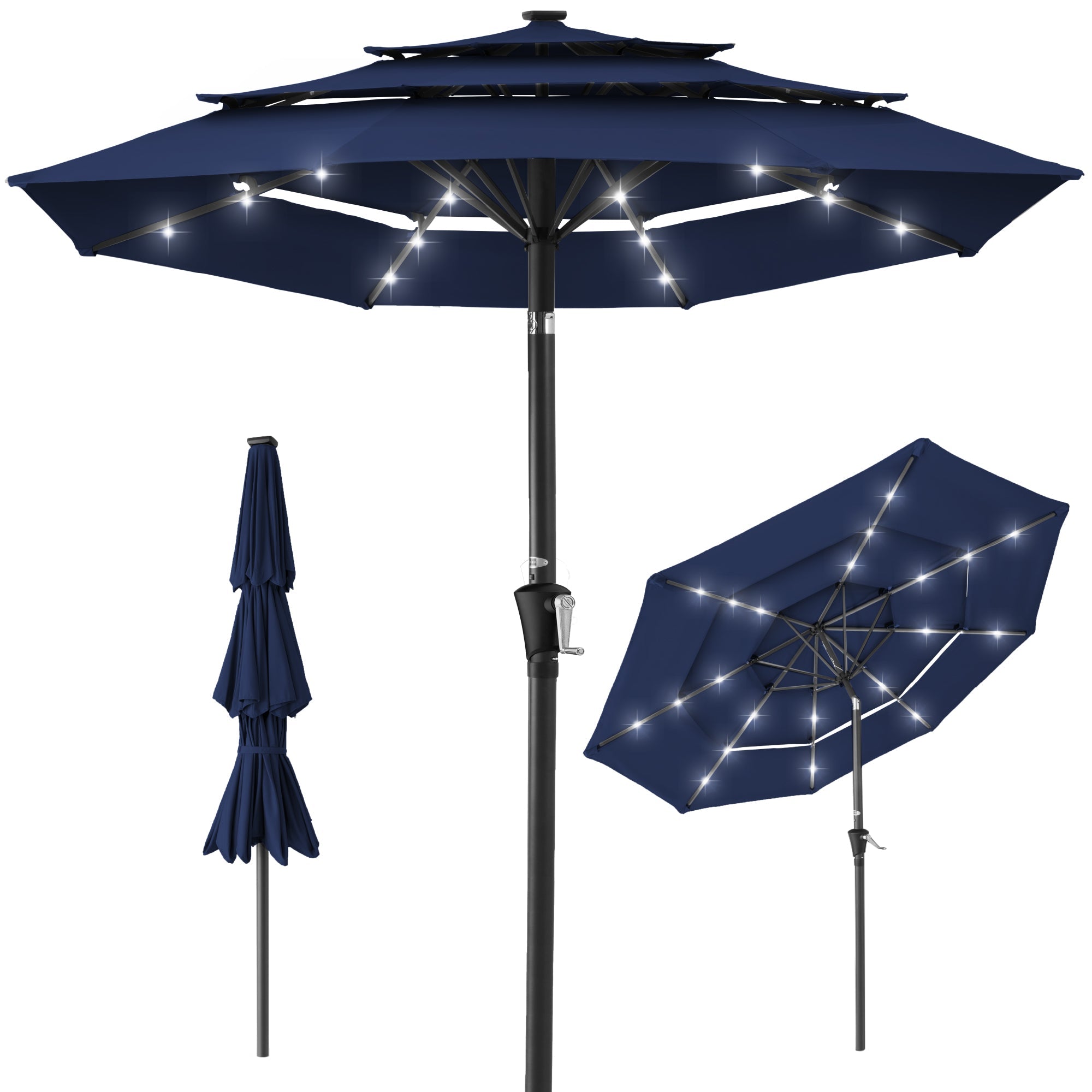 3-Tier Solar Patio Umbrella w/ LED Lights, Tilt Adjustment, Crank - 10ft - Navy Blue