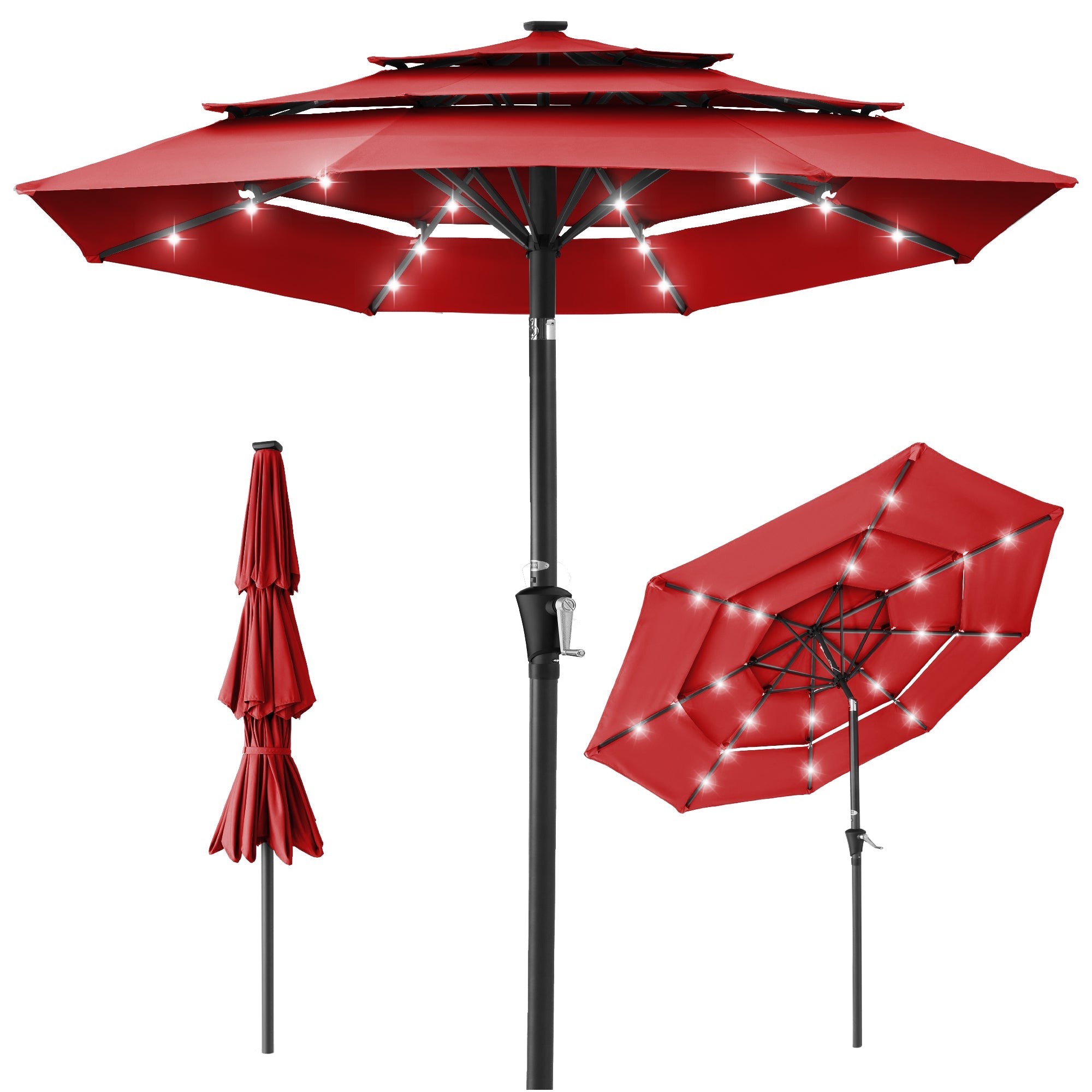 3-Tier Solar Patio Umbrella w/ LED Lights, Tilt Adjustment, Crank - 10ft - Red
