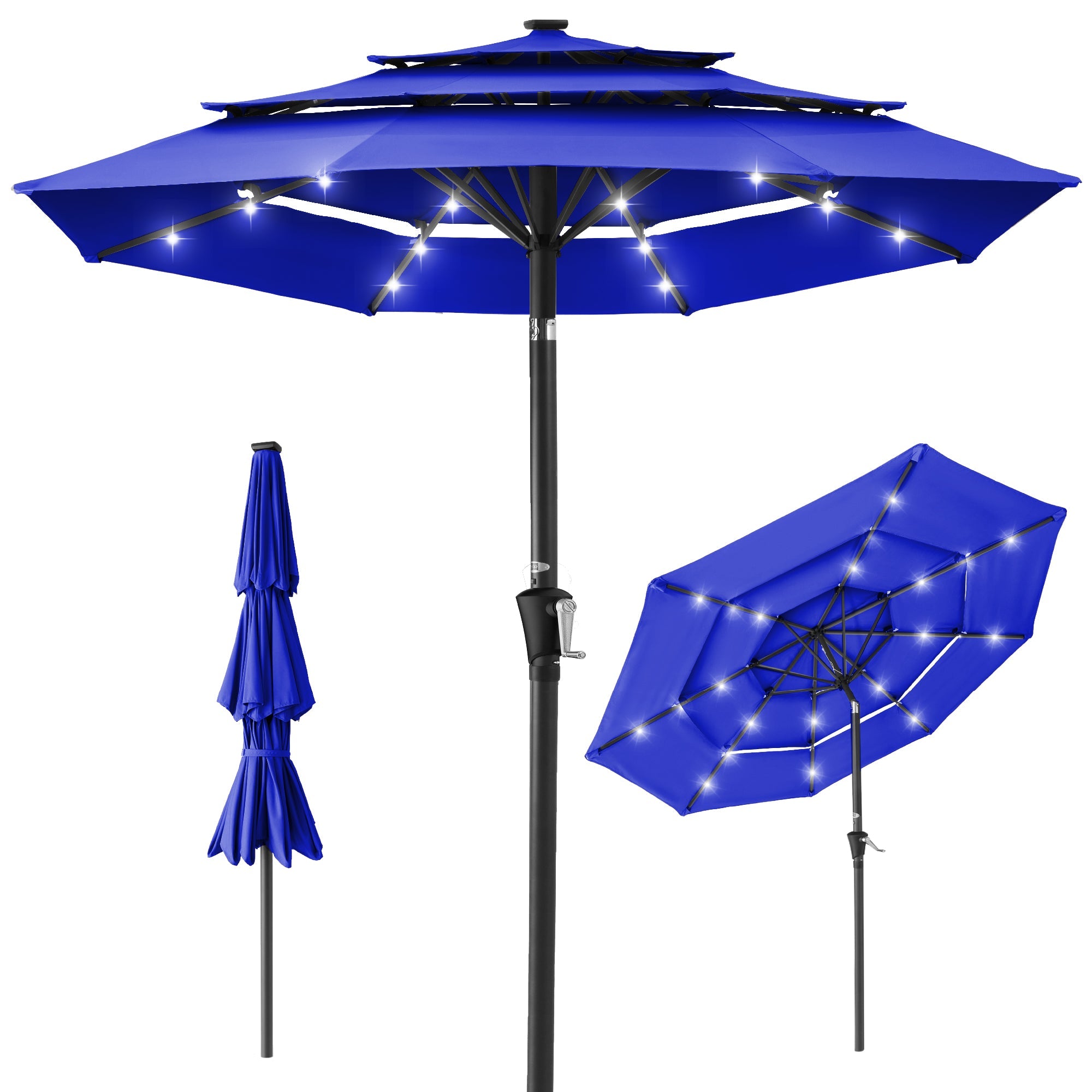 3-Tier Solar Patio Umbrella w/ LED Lights, Tilt Adjustment, Crank - 10ft - Resort Blue