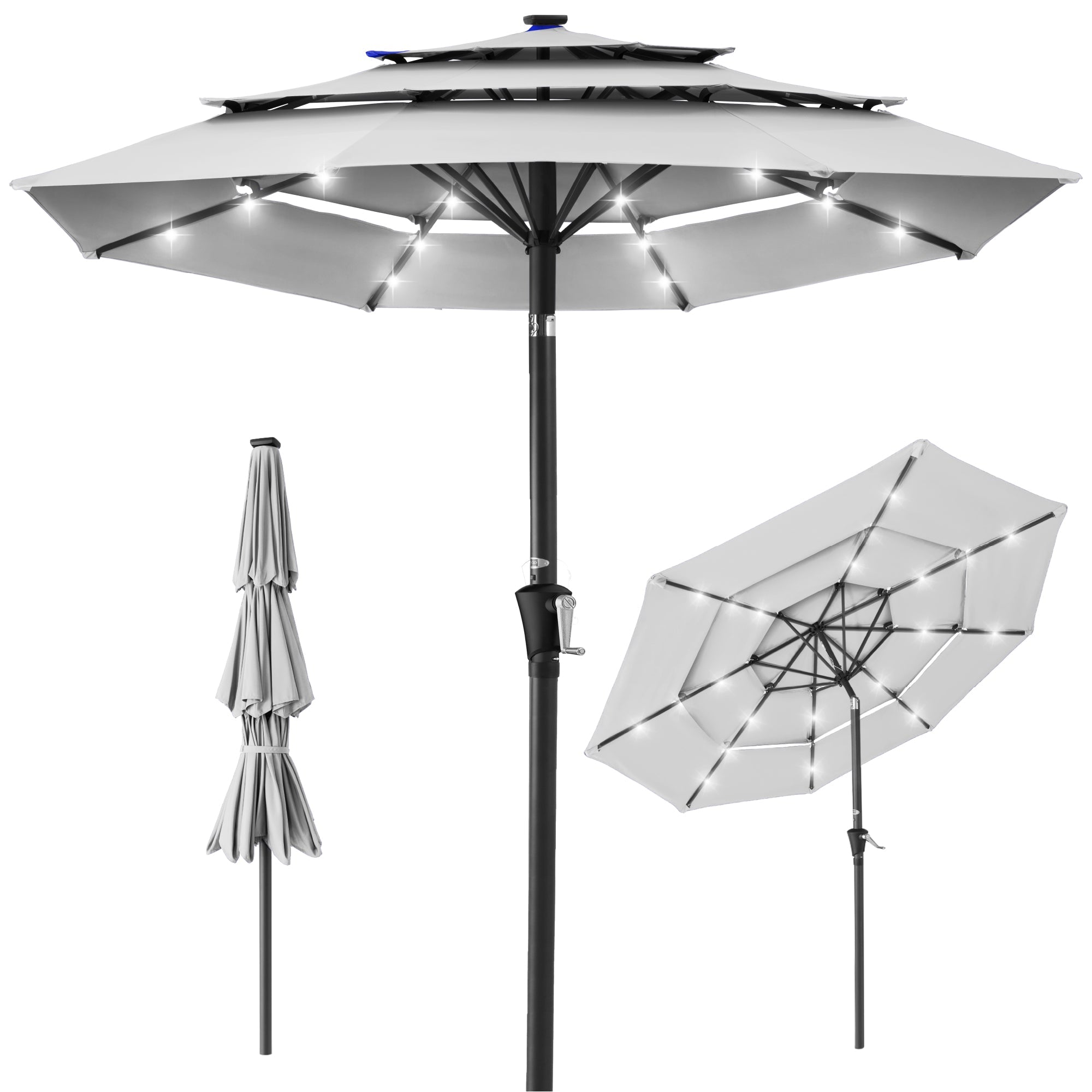 3-Tier Solar Patio Umbrella w/ LED Lights, Tilt Adjustment, Crank - 10ft - Fog Gray