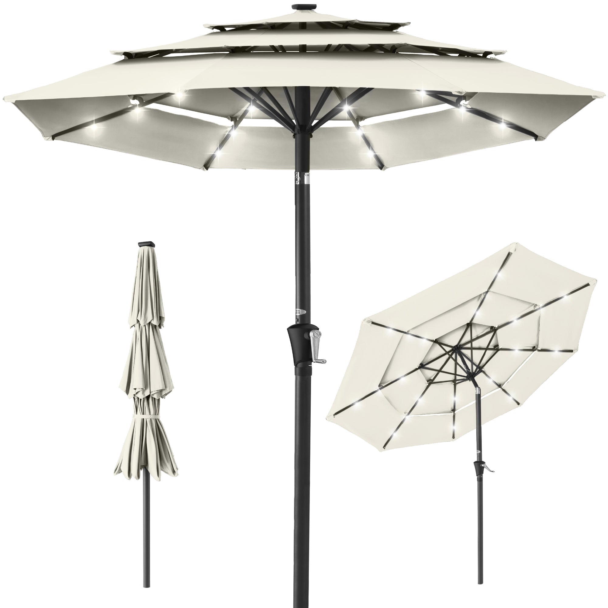 3-Tier Solar Patio Umbrella w/ LED Lights, Tilt Adjustment, Crank - 10ft - Ivory
