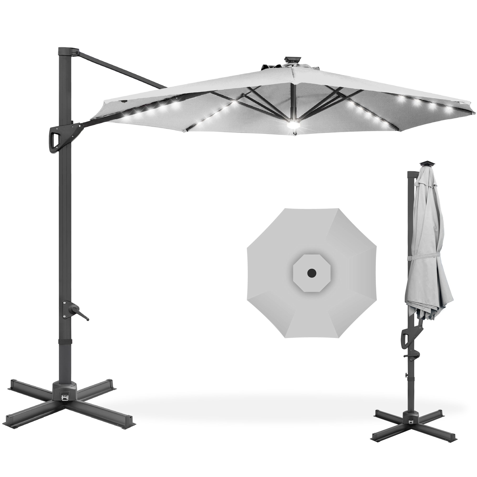 360-Degree Solar LED Cantilever Offset Patio Umbrella w/ Tilt - 10ft - Fog Gray