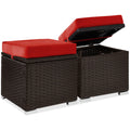 Set of 2 Wicker Ottomans, Multipurpose w/ Removable Cushions, Steel Frame - Red/Brown