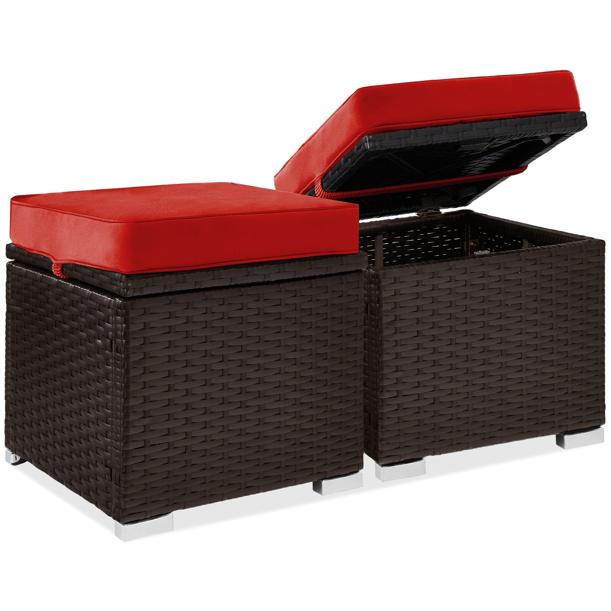 Set of 2 Wicker Ottomans, Multipurpose w/ Removable Cushions, Steel Frame - Red/Brown