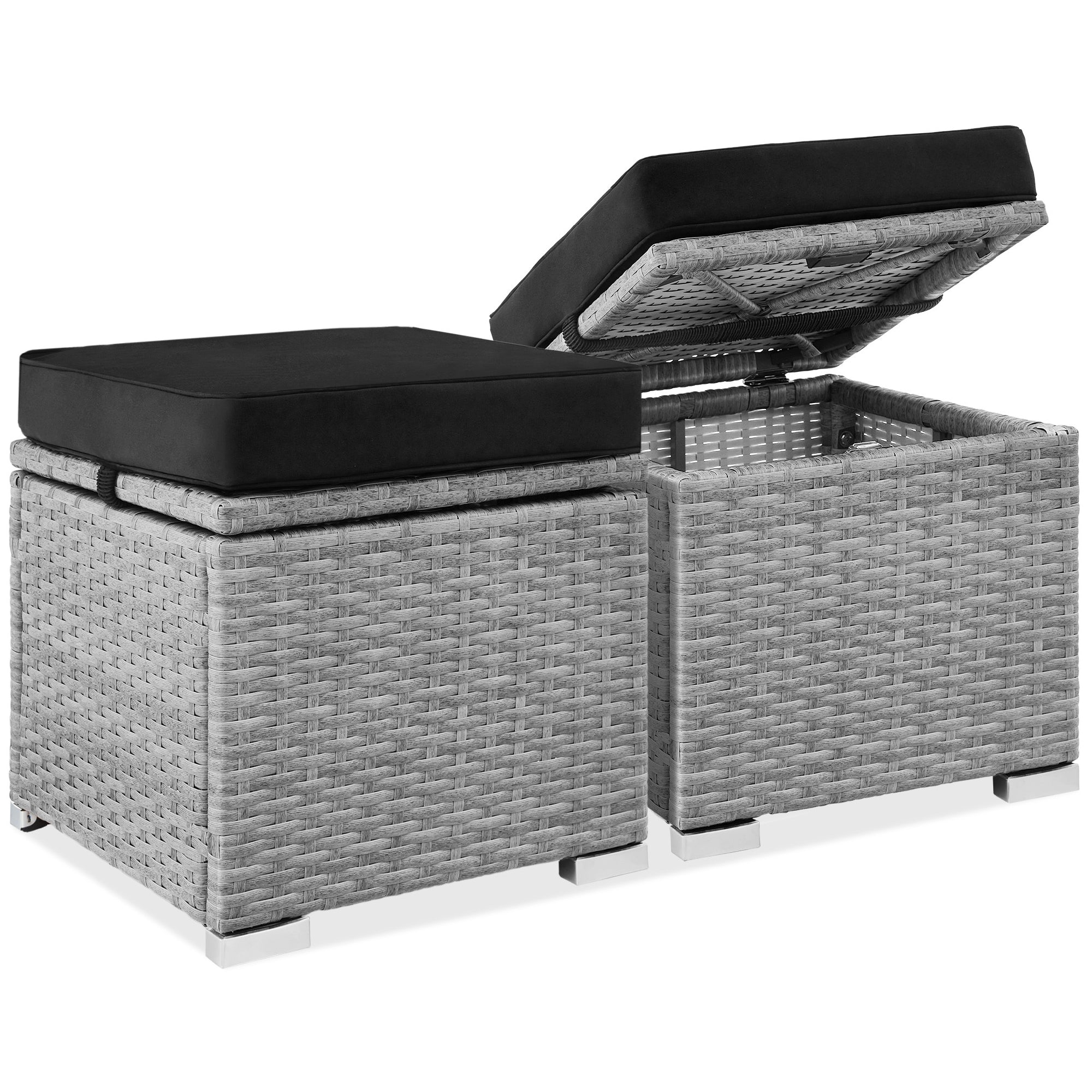 Set of 2 Wicker Ottomans, Multipurpose w/ Removable Cushions, Steel Frame - Gray/Black