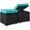 Set of 2 Wicker Ottomans, Multipurpose w/ Removable Cushions, Steel Frame - Black/Teal
