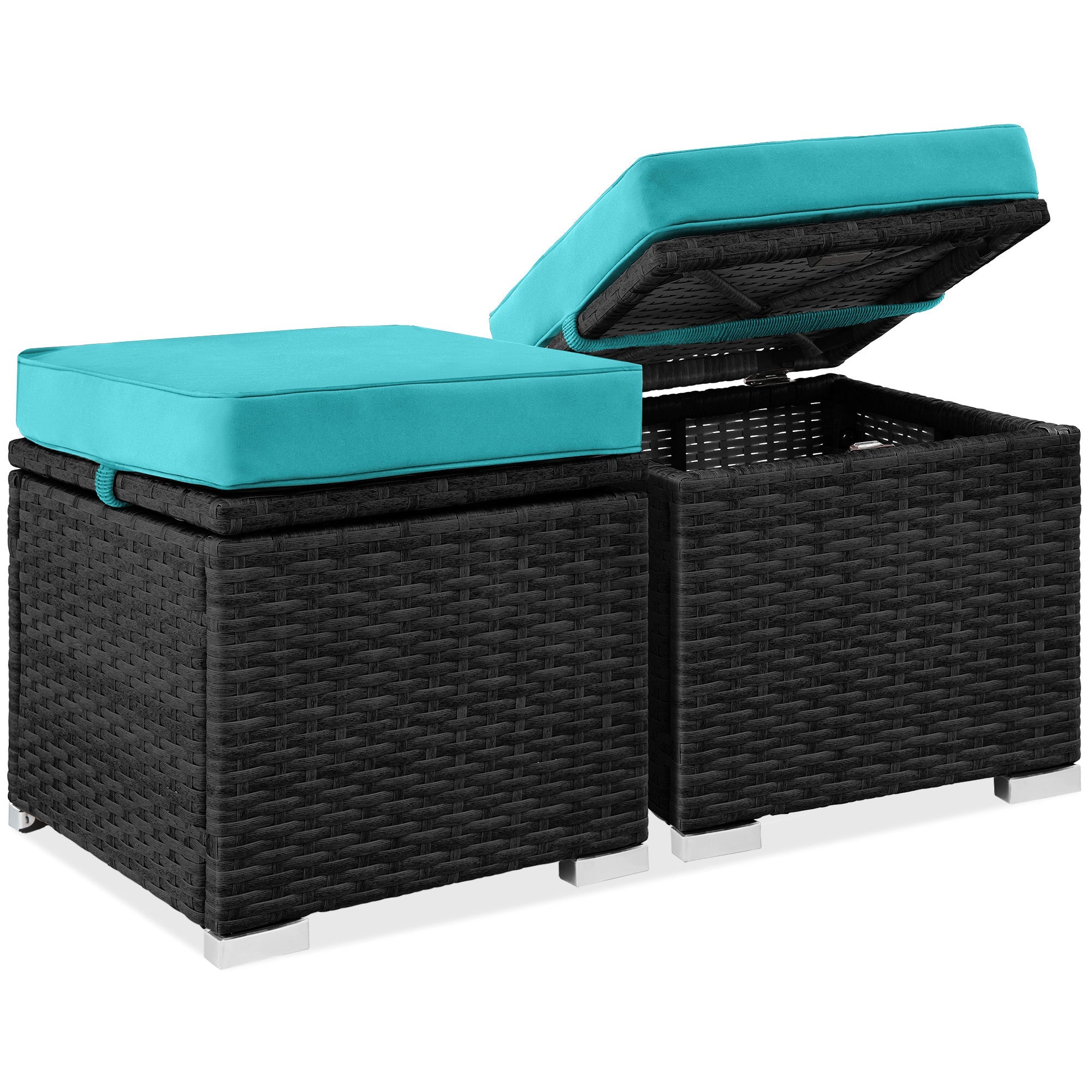 Set of 2 Wicker Ottomans, Multipurpose w/ Removable Cushions, Steel Frame - Black/Teal