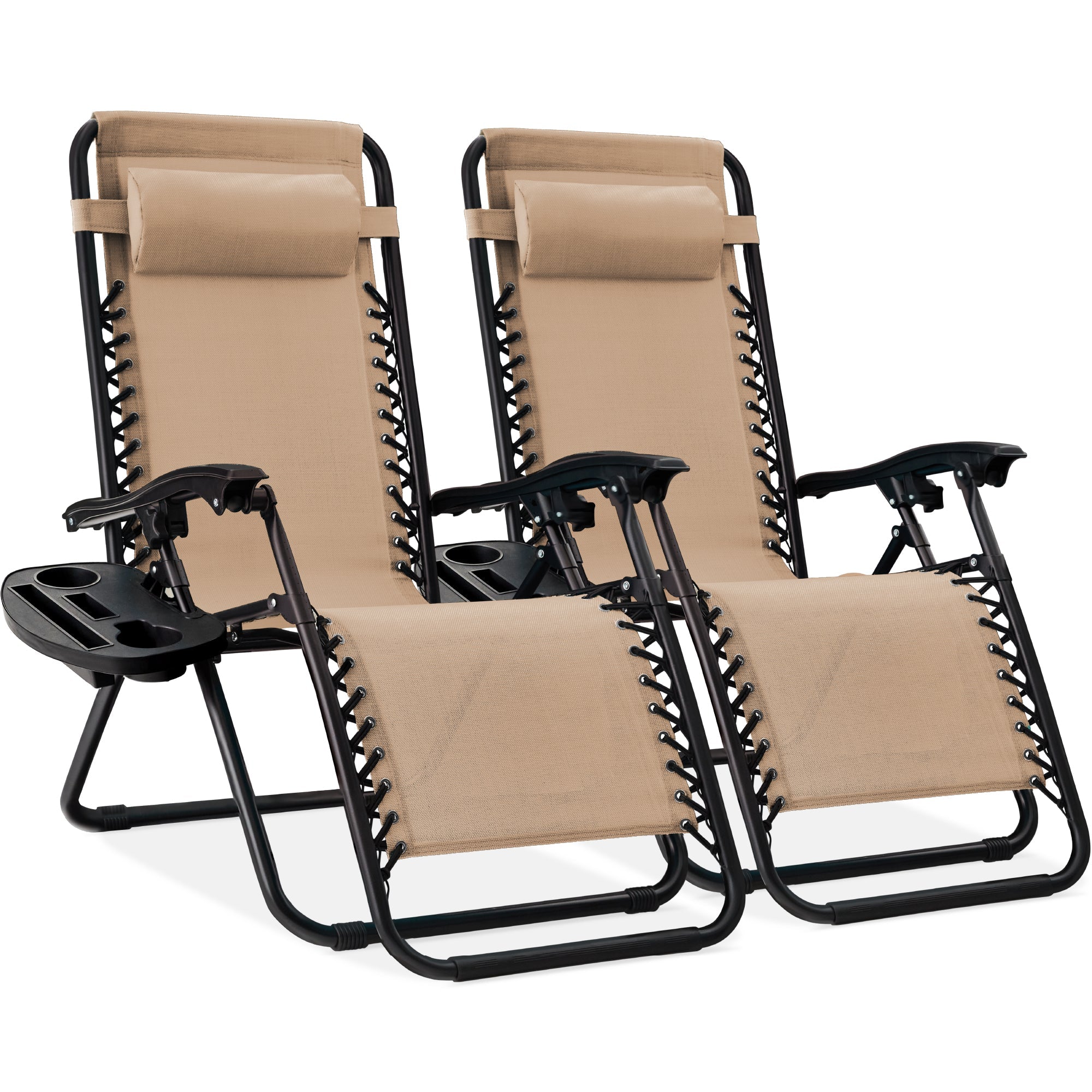 Set of 2 Adjustable Zero Gravity Patio Chair Recliners w/ Cup Holders - Sand