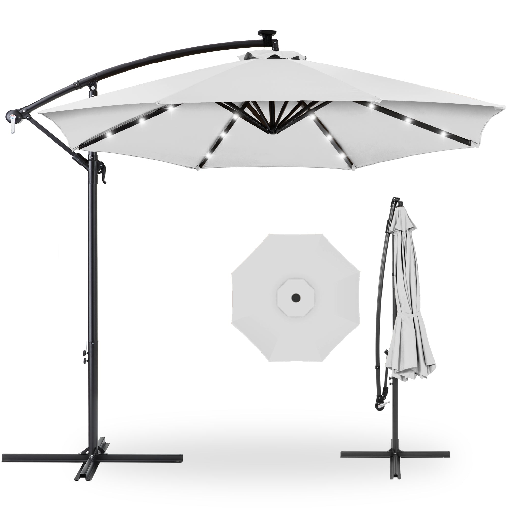 Solar LED Offset Hanging Patio Umbrella w/ Crank Tilt Adjustment - 10ft - Fog Gray