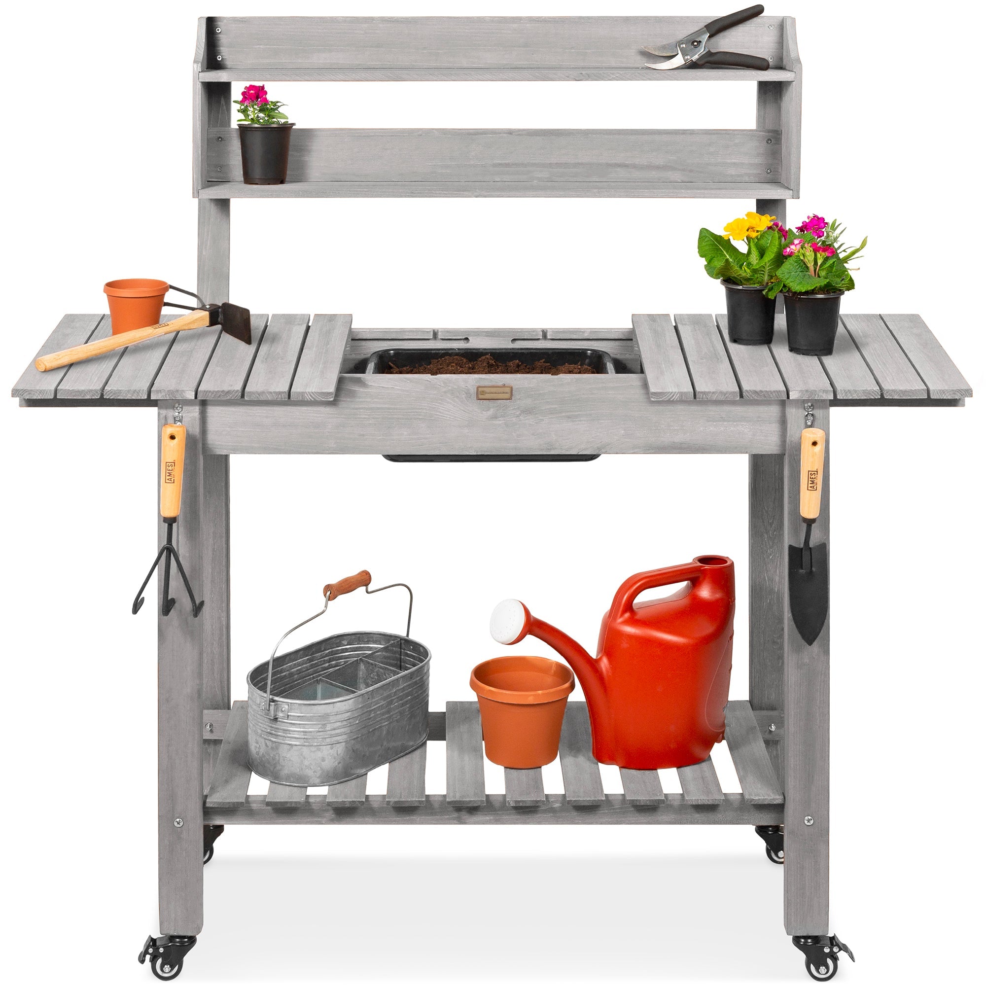 Wood Garden Potting Bench w/ Sliding Tabletop, Food Grade Dry Sink, Wheels - Gray