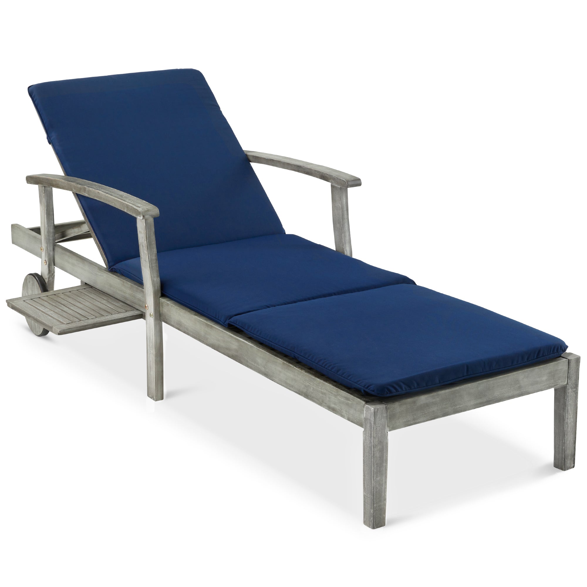 Adjustable Acacia Wood Chaise Lounge Chair w/ Side Table, Wheels - 79x26in - Gray/Navy