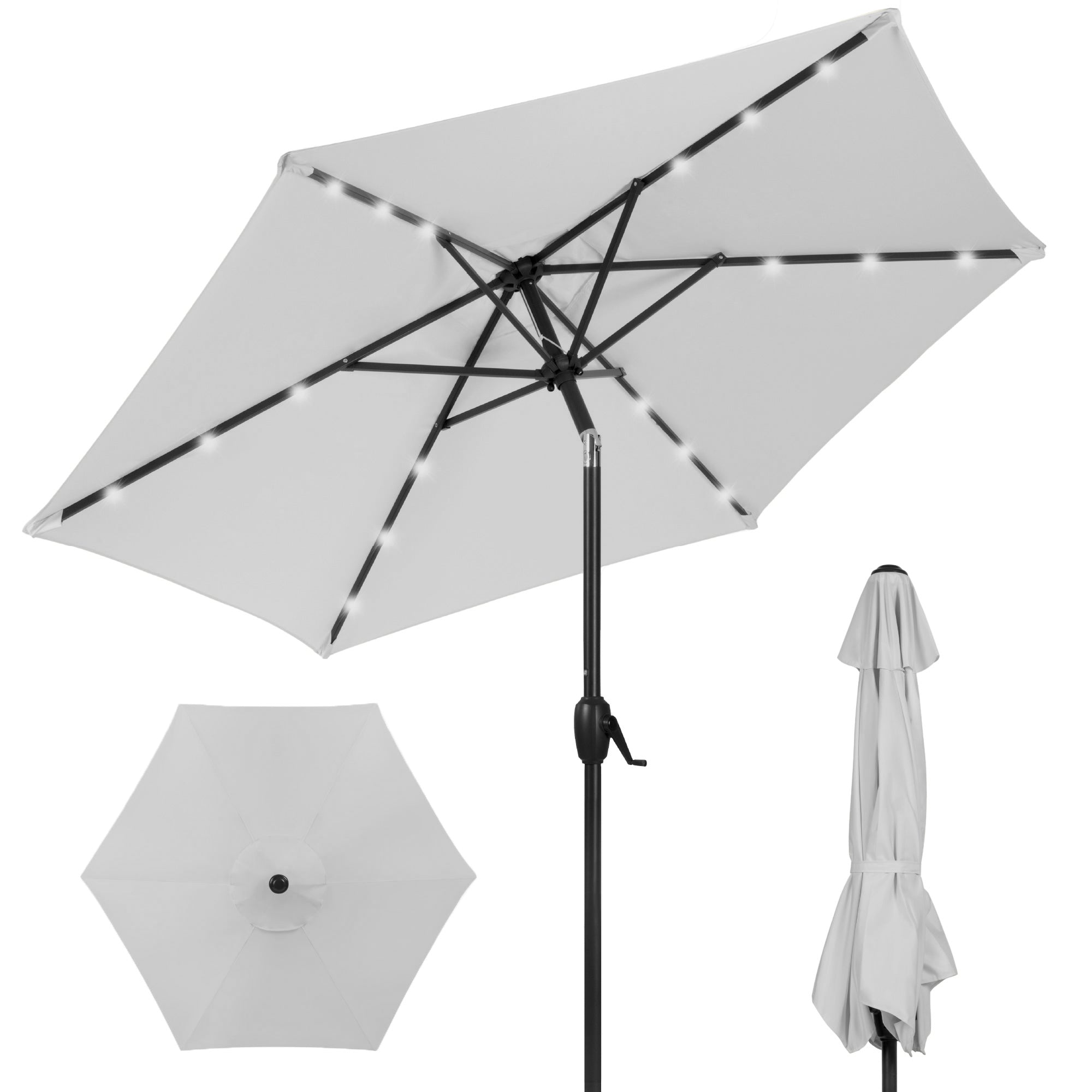 Outdoor Solar Patio Umbrella w/ Push Button Tilt, Crank Lift - 7.5ft - Fog Gray