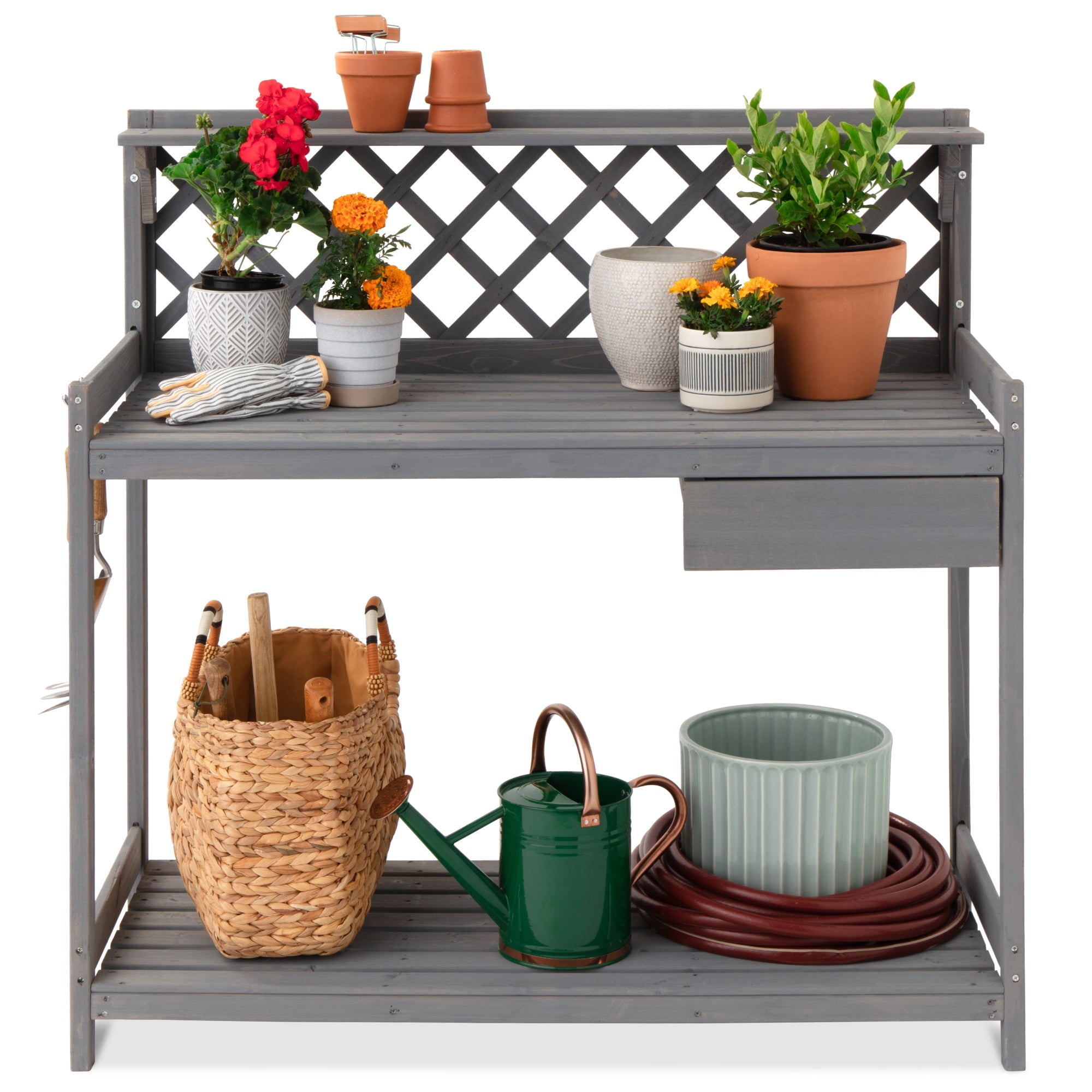 Wooden Garden Potting Bench Workstation w/ Cabinet Drawer, Open Shelf - Gray