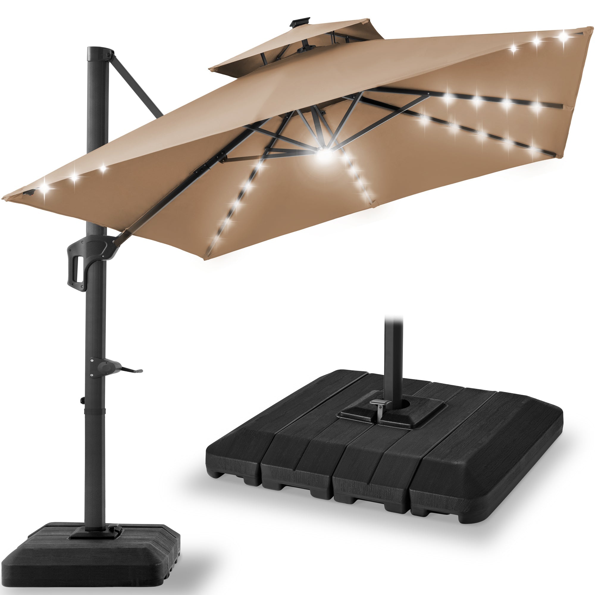 2-Tier Square LED Cantilever Offset Umbrella w/ 360 Rotation, Base - 10x10ft - Tan