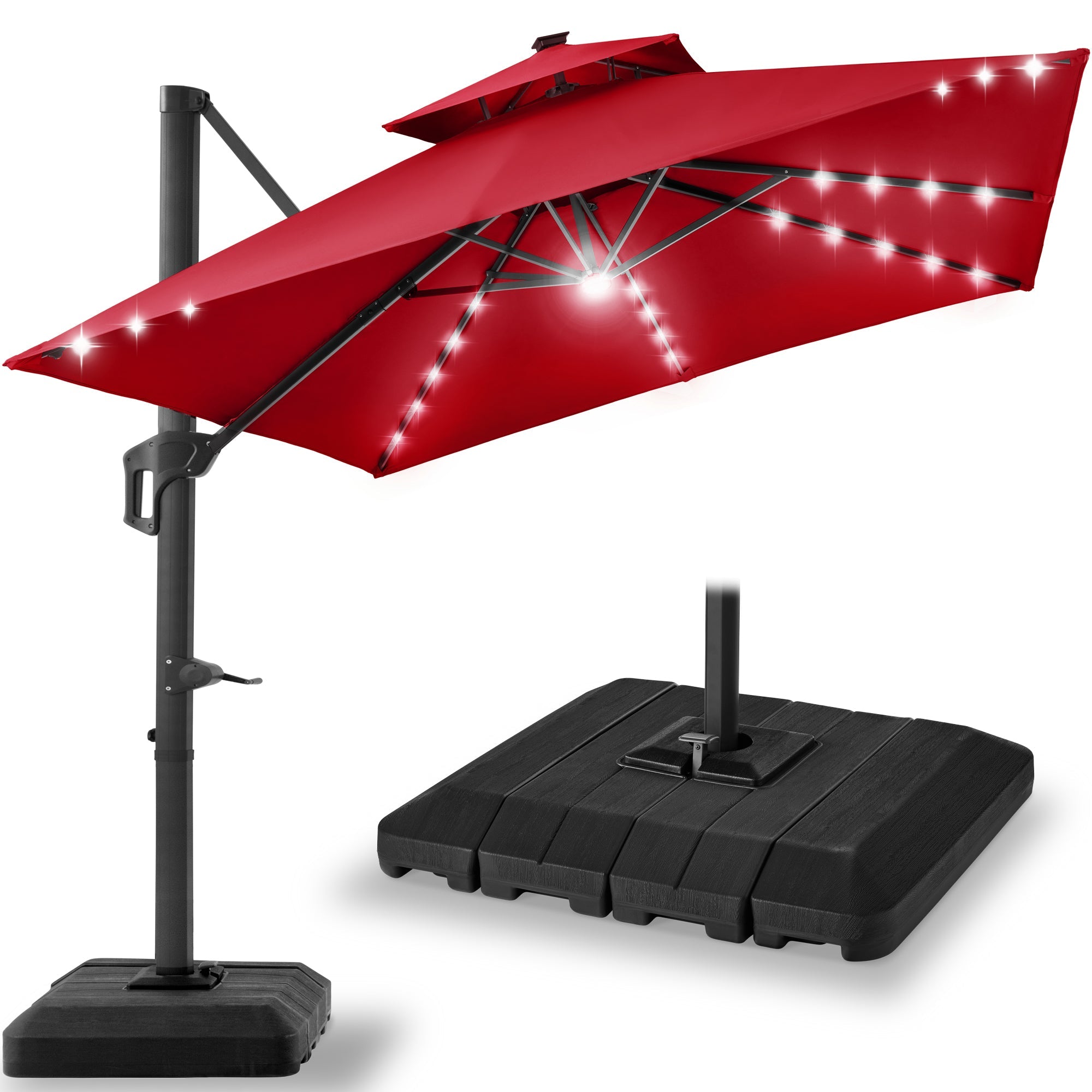 2-Tier Square LED Cantilever Offset Umbrella w/ 360 Rotation, Base - 10x10ft - Red