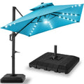 2-Tier Square LED Cantilever Offset Umbrella w/ 360 Rotation, Base - 10x10ft - Sky Blue
