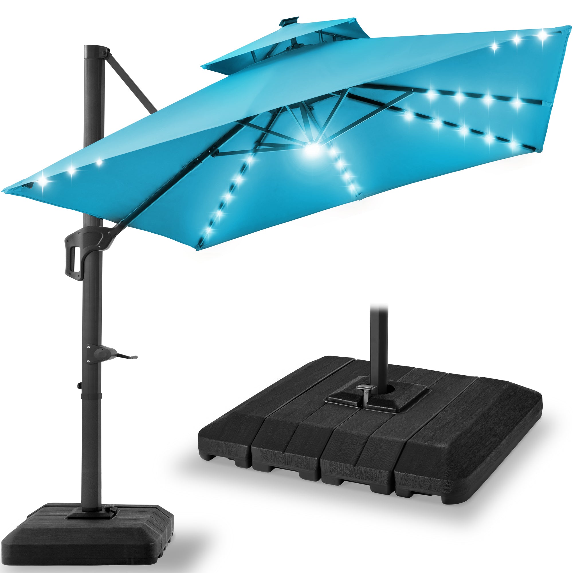 2-Tier Square LED Cantilever Offset Umbrella w/ 360 Rotation, Base - 10x10ft - Sky Blue