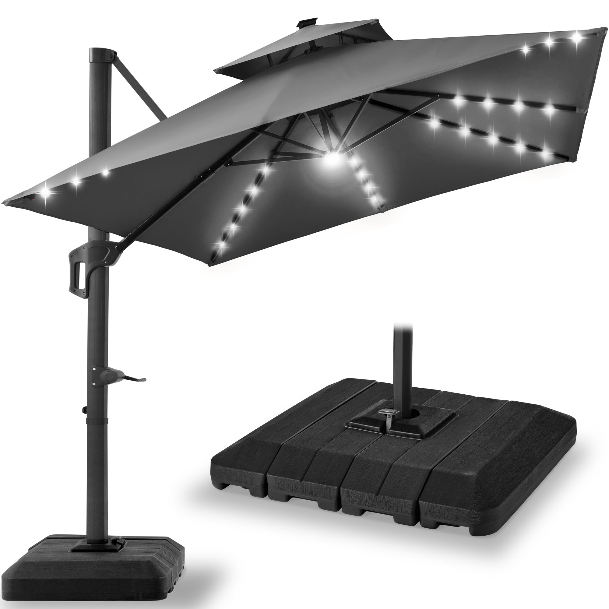 2-Tier Square LED Cantilever Offset Umbrella w/ 360 Rotation, Base - 10x10ft - Gray