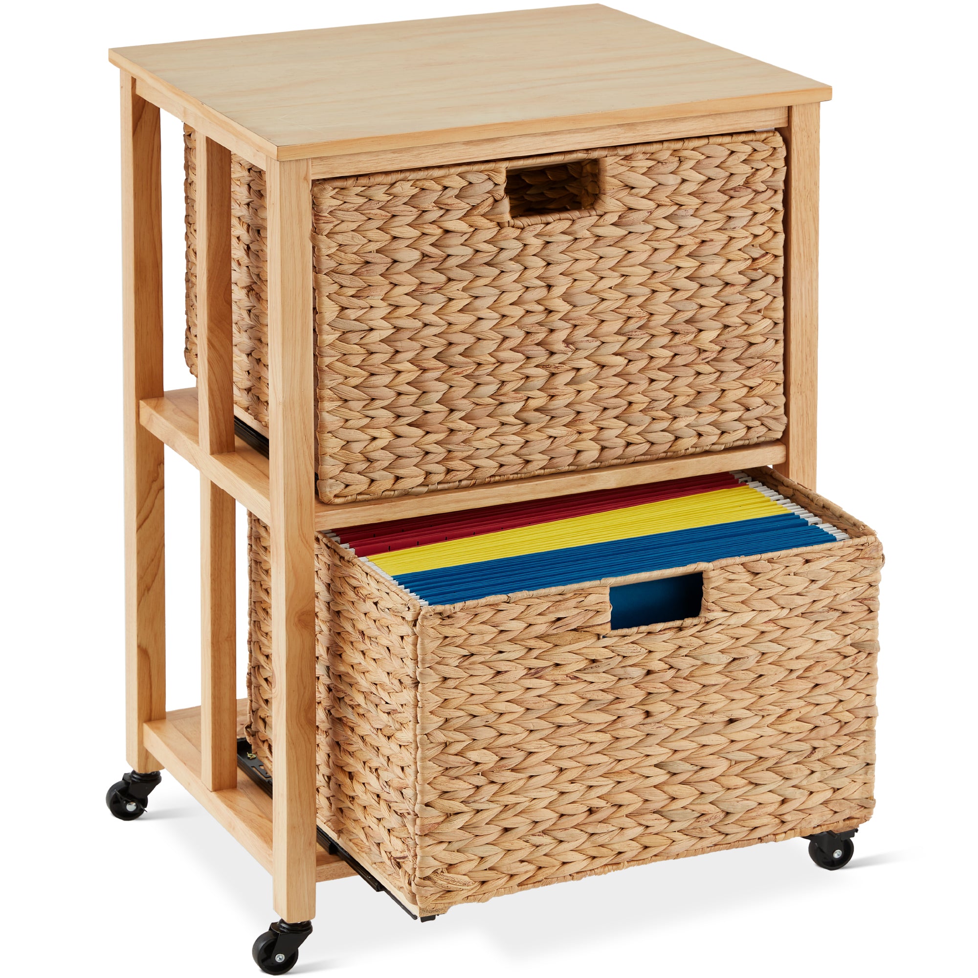 Vertical Rolling File Cabinet w/ Rubberwood Frame, Locking Caster Wheels - Natural