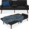 Fabric Upholstered Convertible Futon w/ Rounded Armrests, 2 Cupholders - Black