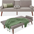 Fabric Upholstered Convertible Futon w/ Rounded Armrests, 2 Cupholders - Gray