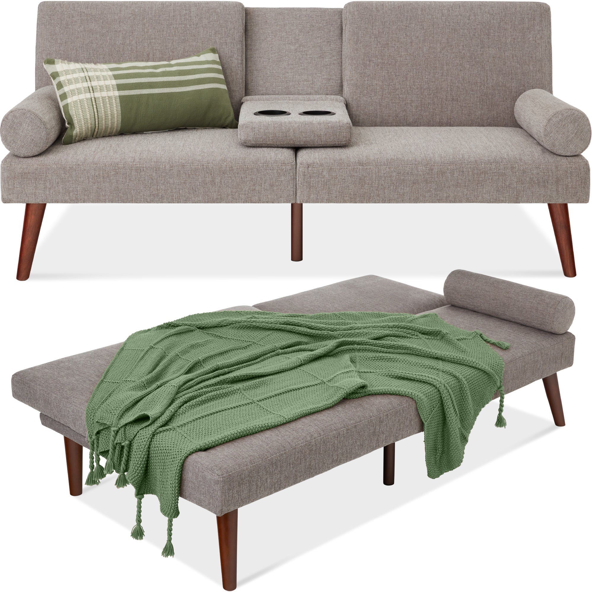 Fabric Upholstered Convertible Futon w/ Rounded Armrests, 2 Cupholders - Gray